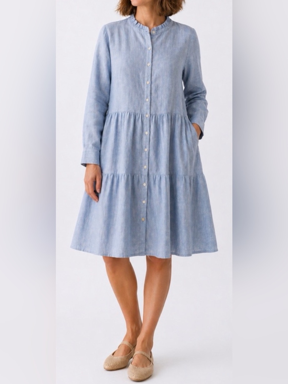 Alice Walk 100% Linen Light Blue Tiered Shirt Dress Size Medium NWT